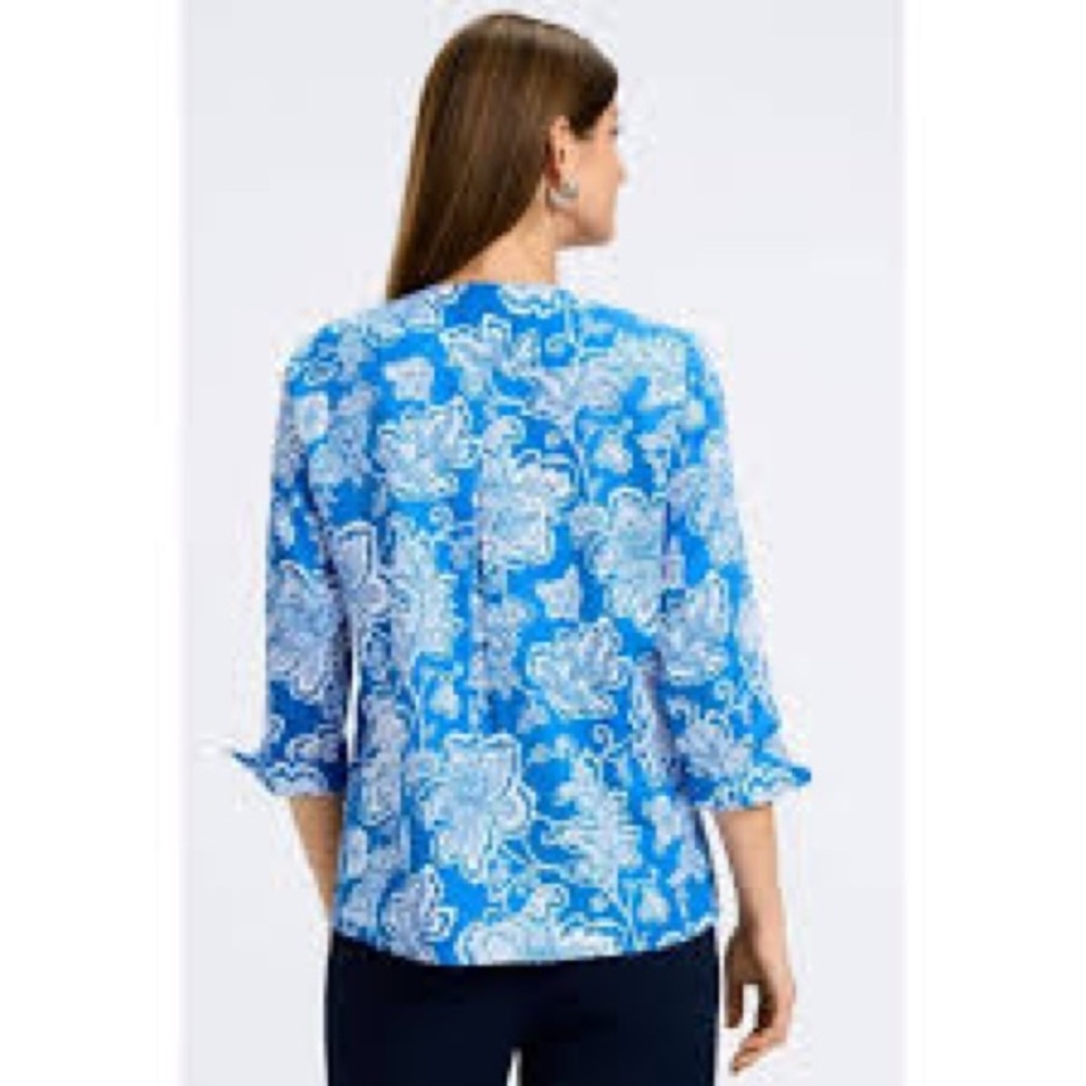 Foxcroft Royal Blue White Floral Split V Tunic - Picture 2 of 12